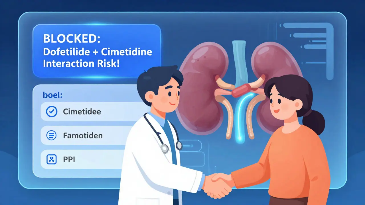 AI system blocking a dangerous drug combo while doctor and patient discuss safe alternatives.
