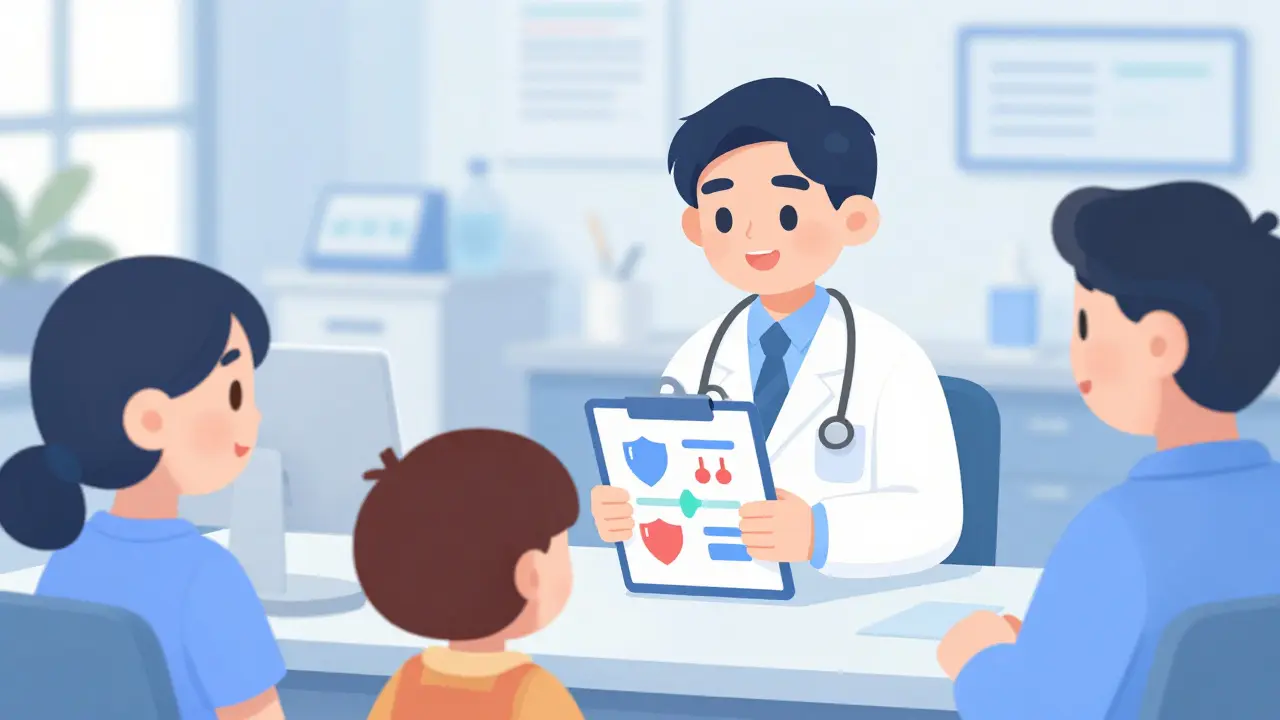 Doctor talking to parents in clinic with abstract test symbols.