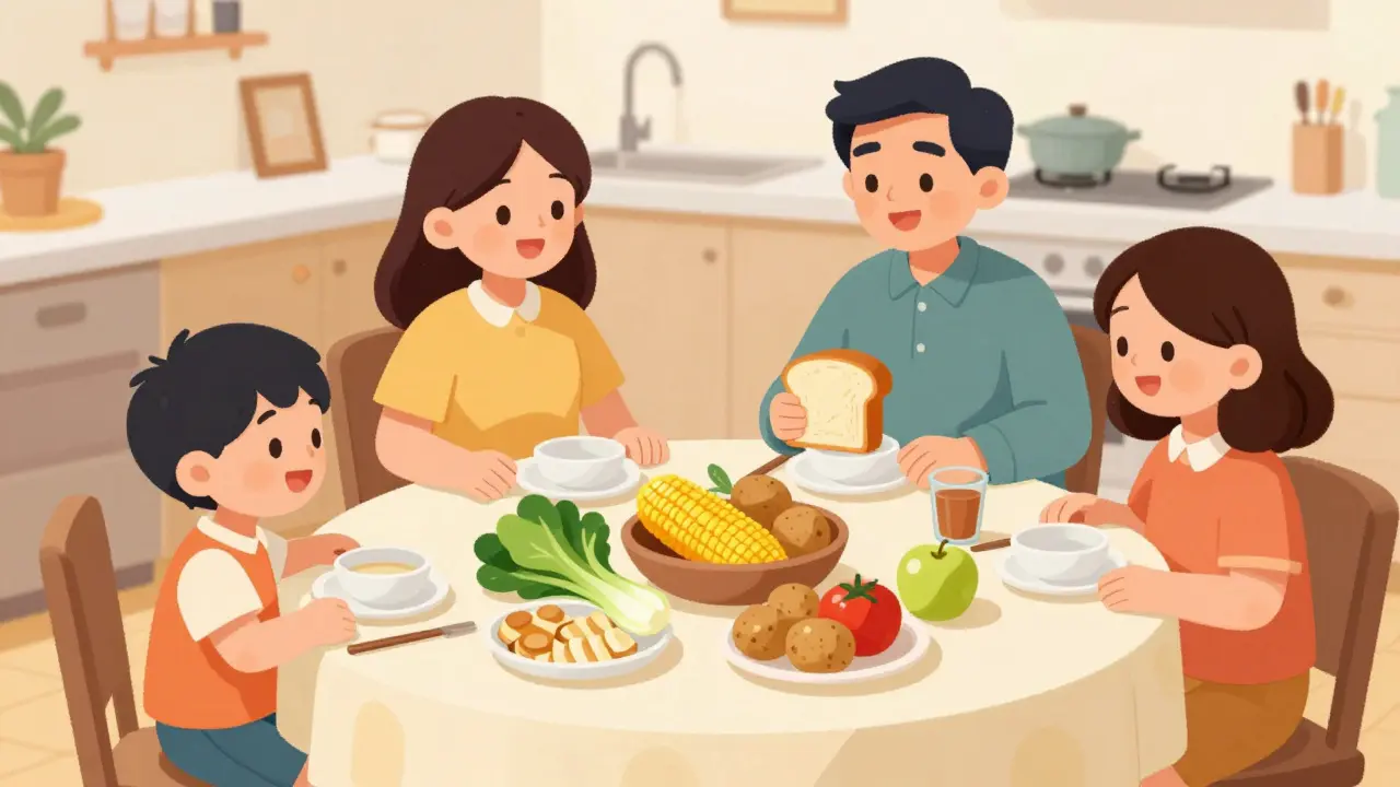 Family eating gluten free meal with vegetables and fruits.