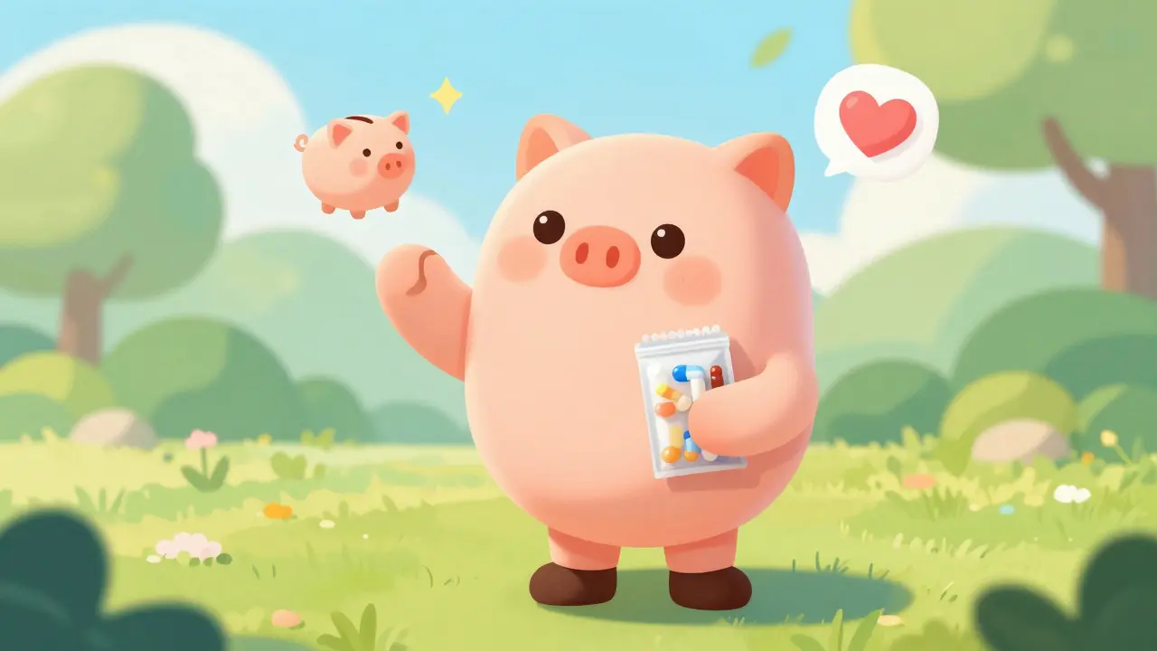 Happy cartoon character holding fewer medicine bottles with a relaxed expression.