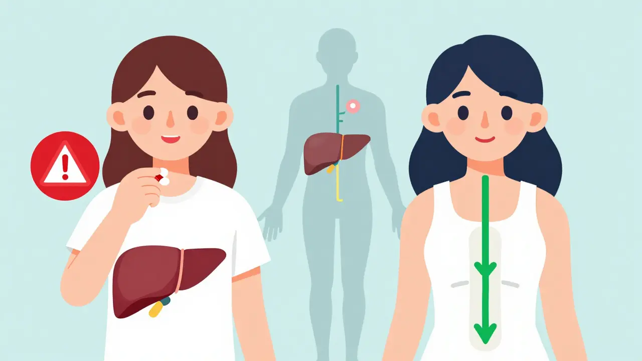 One woman taking oral pills with blood clot warning, another using a patch with healthy blood flow.