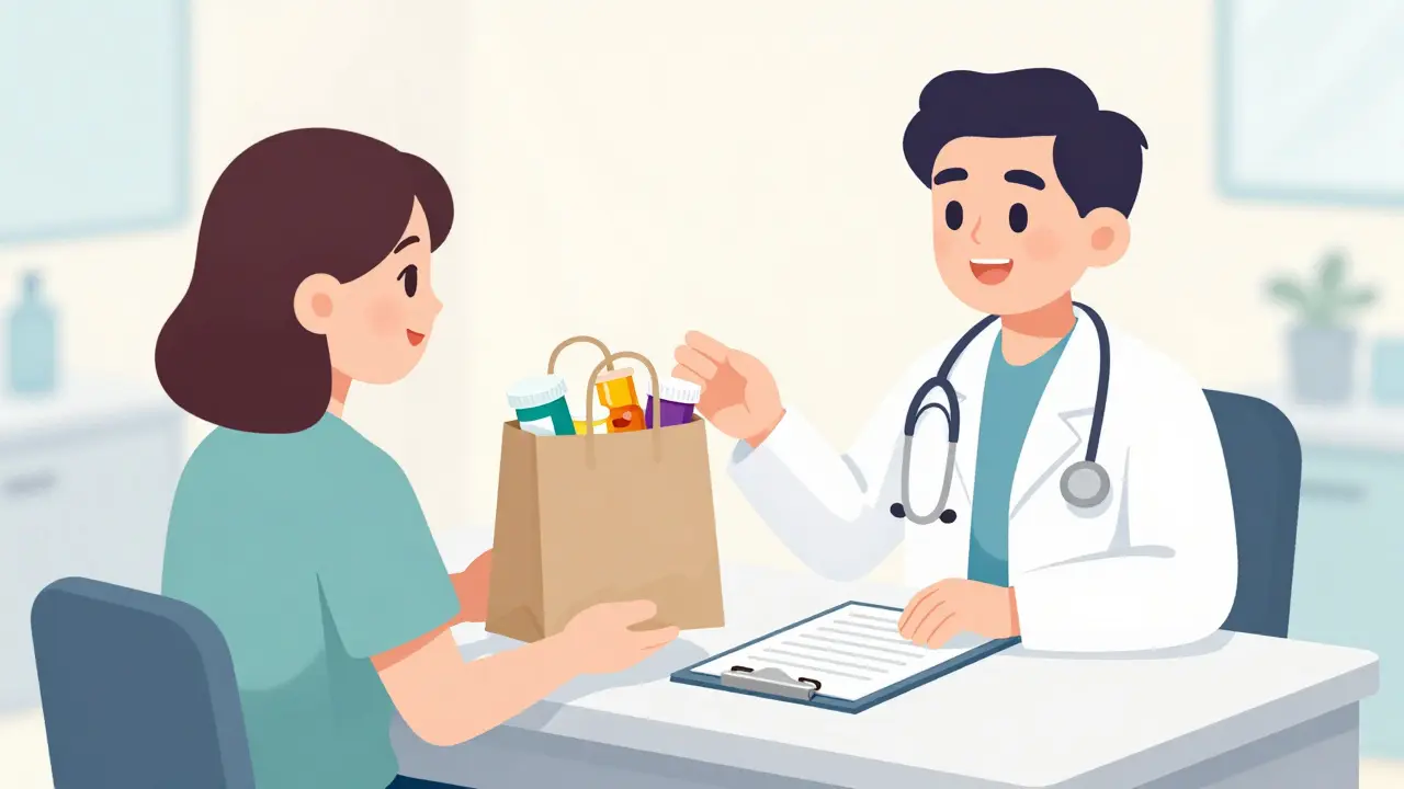 Patient showing doctor a bag full of medicine bottles during a consultation.