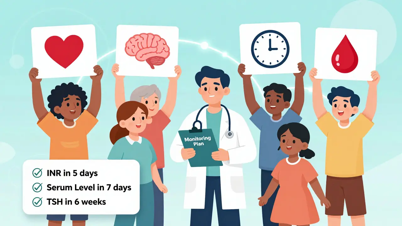 Patients hold icons representing NTI drugs, connected to a doctor's monitoring plan checklist.