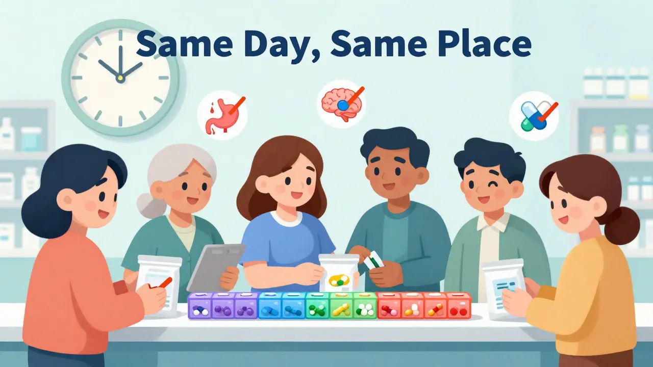 Patients pick up one consolidated medication bag during a monthly sync day, with avoided dangers crossed out above.