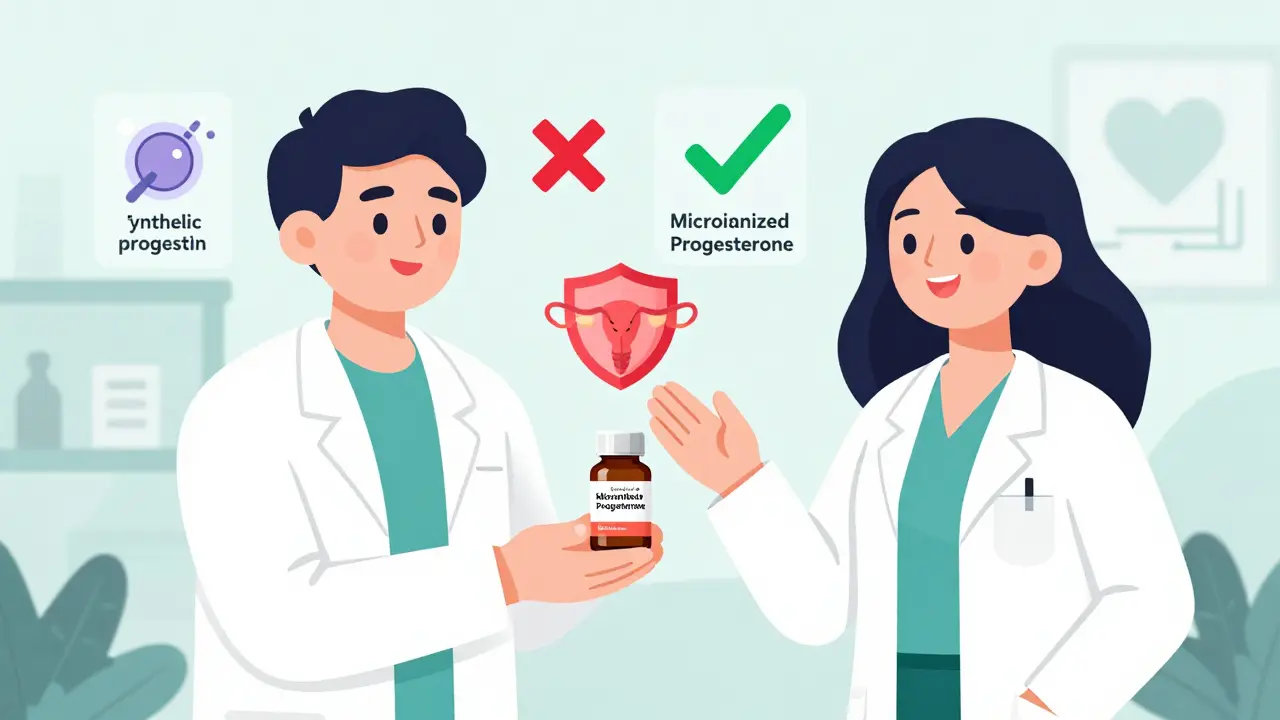 Pharmacist handing a generic hormone combo bottle to a woman, with safety icons floating nearby.