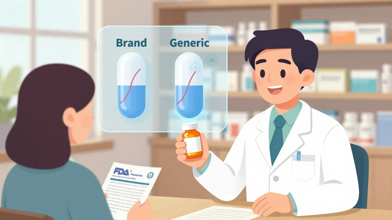 Pharmacist hands a patient a generic NTI medication with a visual comparison of brand and generic absorption.