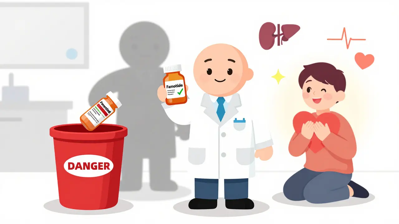 Pharmacist replacing dangerous cimetidine with safe famotidine as a patient smiles with a healthy heart.