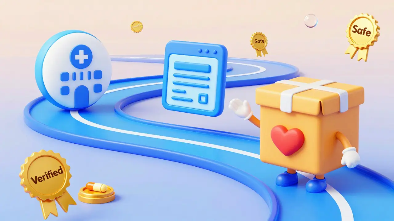 A colorful illustrated path showing the safe process from consultation to medication delivery.