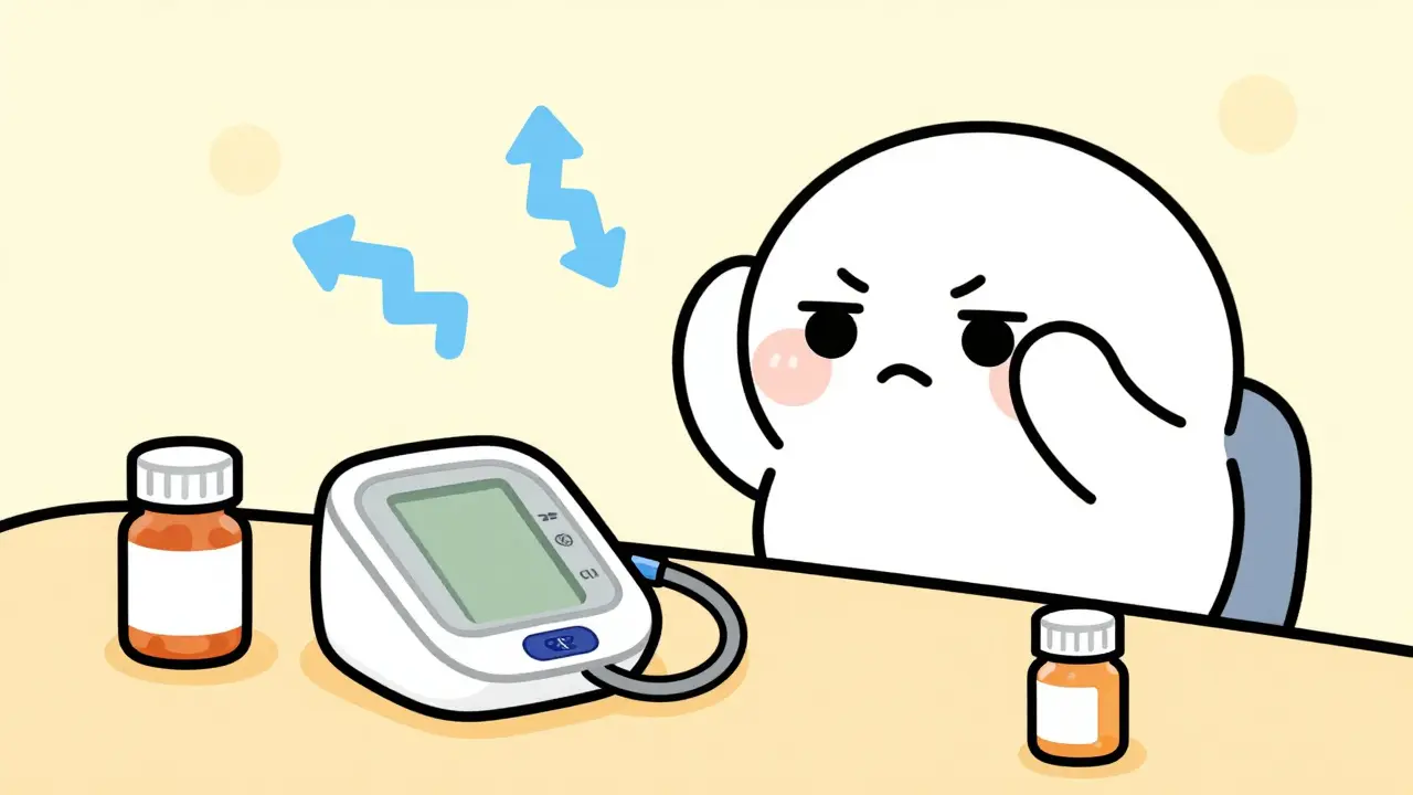 A confused character with a blood pressure monitor and erratic arrows indicating instability