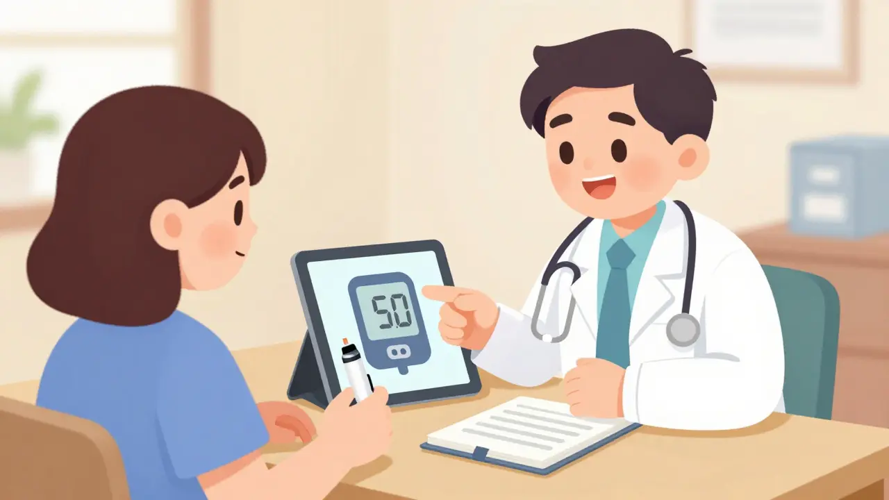 A patient and doctor discussing a transition plan to a biosimilar insulin medication.