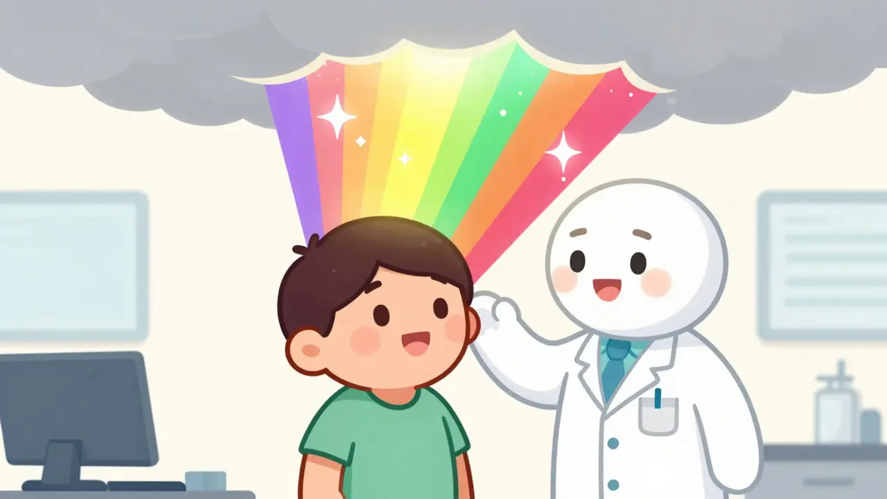 A person and doctor as a grey ceiling breaks to let in colorful light and emotion.