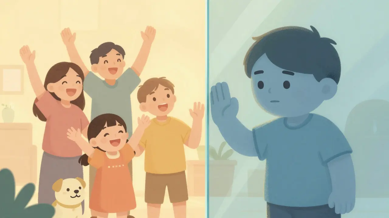 A person looking through a glass pane at a happy family, feeling detached.