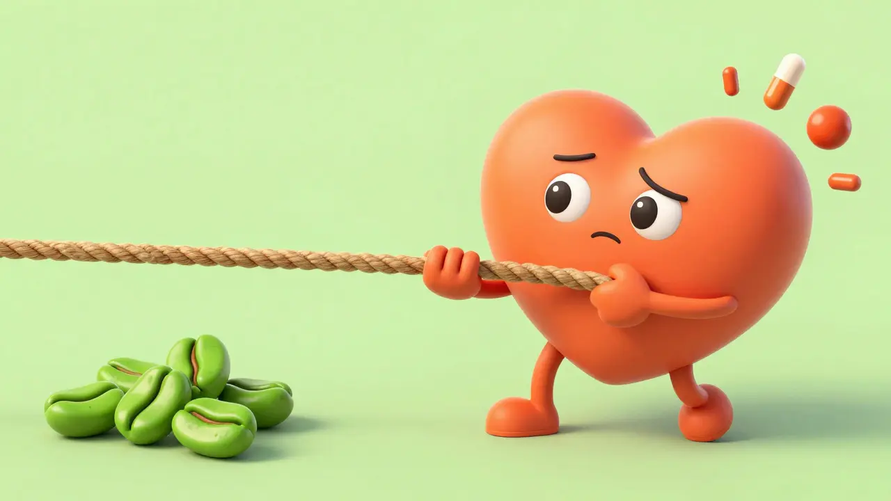 A rounded heart character caught in a tug-of-war between green coffee beans and stimulant pills