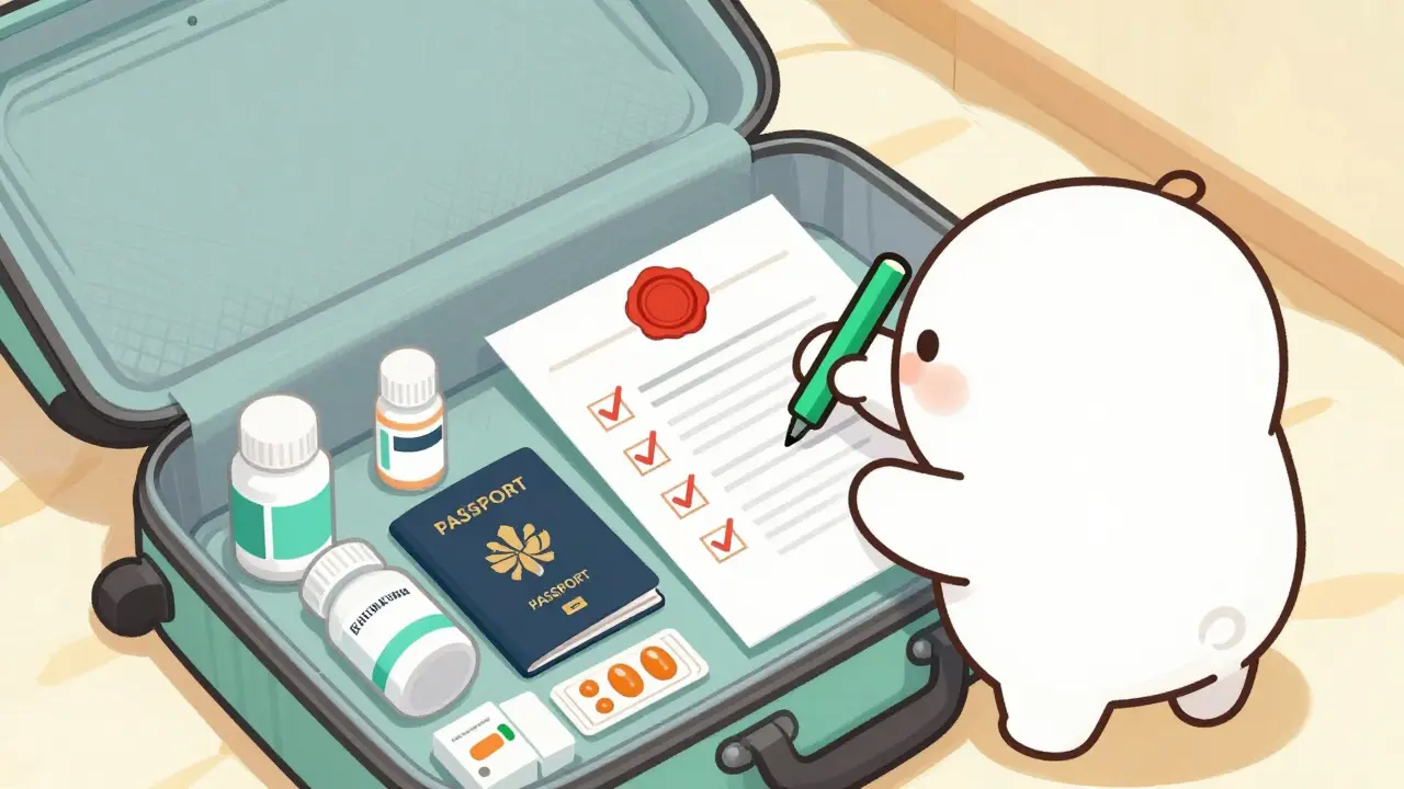 A suitcase packed with labeled medication bottles, a passport, and a doctor's letter.