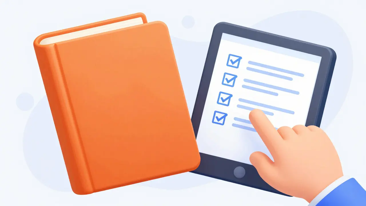 An orange book transforming into a modern digital tablet with drug data.