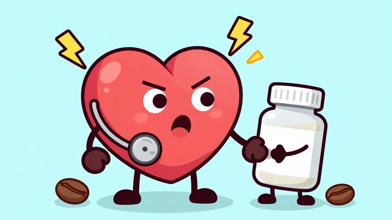 Cartoon heart feeling overwhelmed by the combined effect of caffeine and cold medicine.