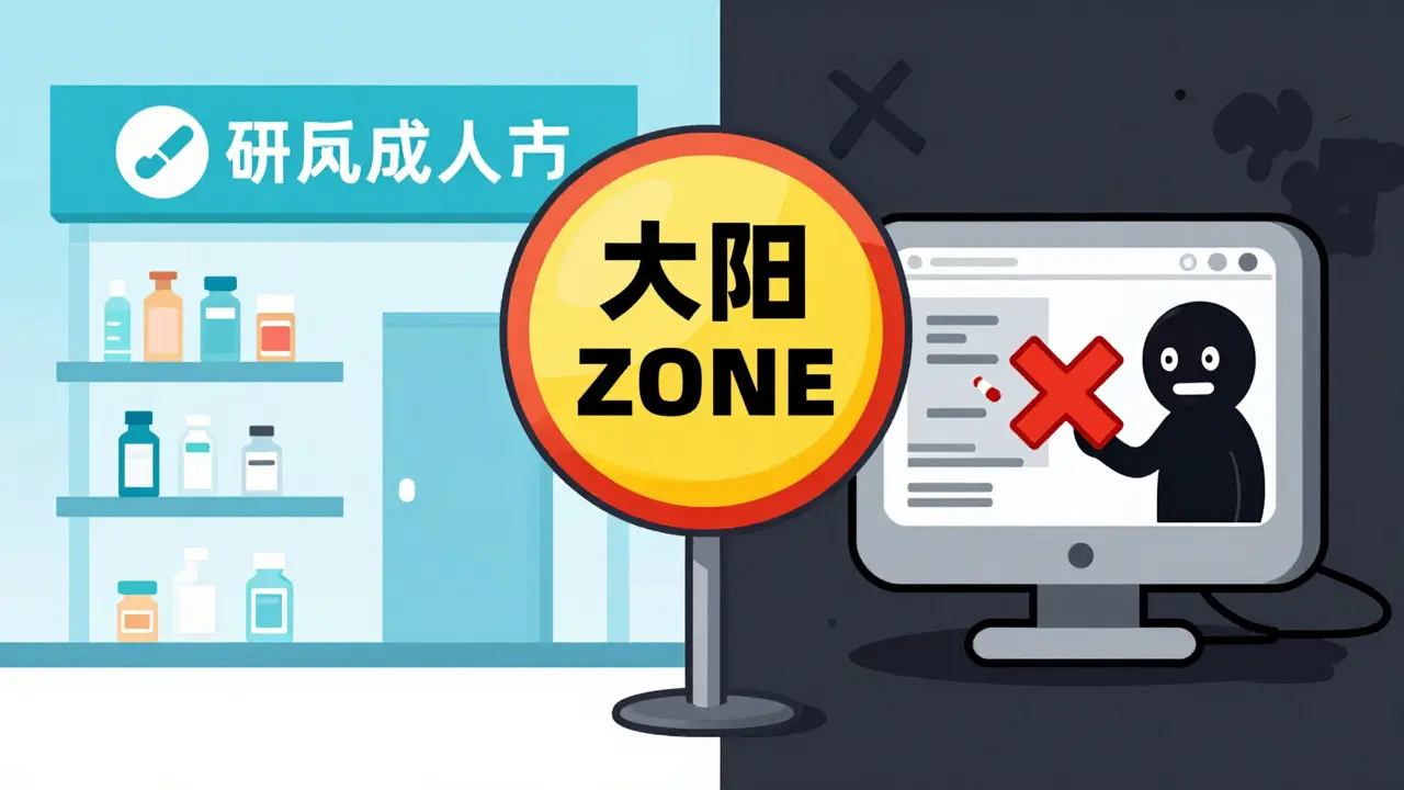 Cartoon illustration contrasting a verified safe pharmacy with a dangerous scam website.