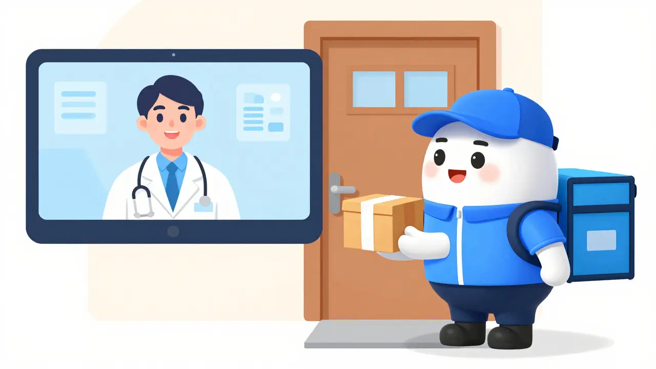 Character using telehealth and receiving a medication delivery at home