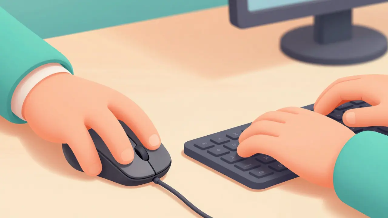 Close-up of a hand using a vertical mouse and an ergonomic keyboard for wrist health