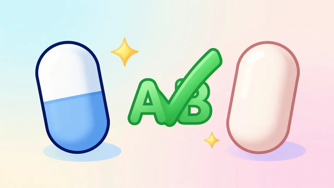 Comparison of brand and generic pills with a green AB equivalence checkmark.