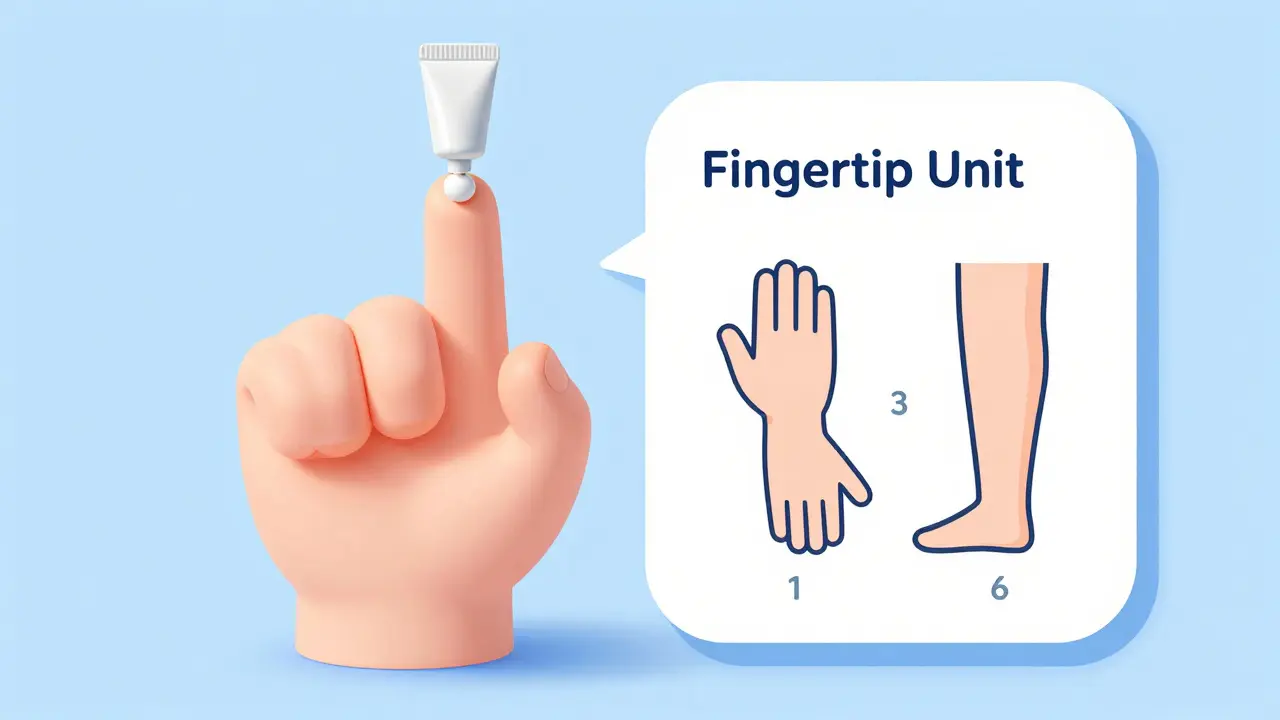 Diagram of a fingertip unit showing the correct amount of cream to apply to the skin.