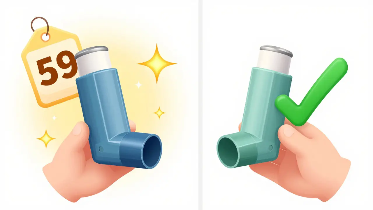 Illustration comparing a costly brand-name inhaler with an affordable generic version