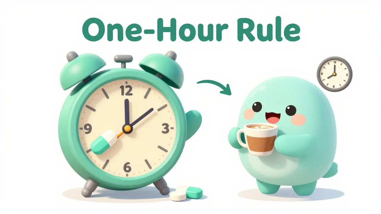 Rounded character following a one-hour waiting period between taking medicine and drinking coffee.