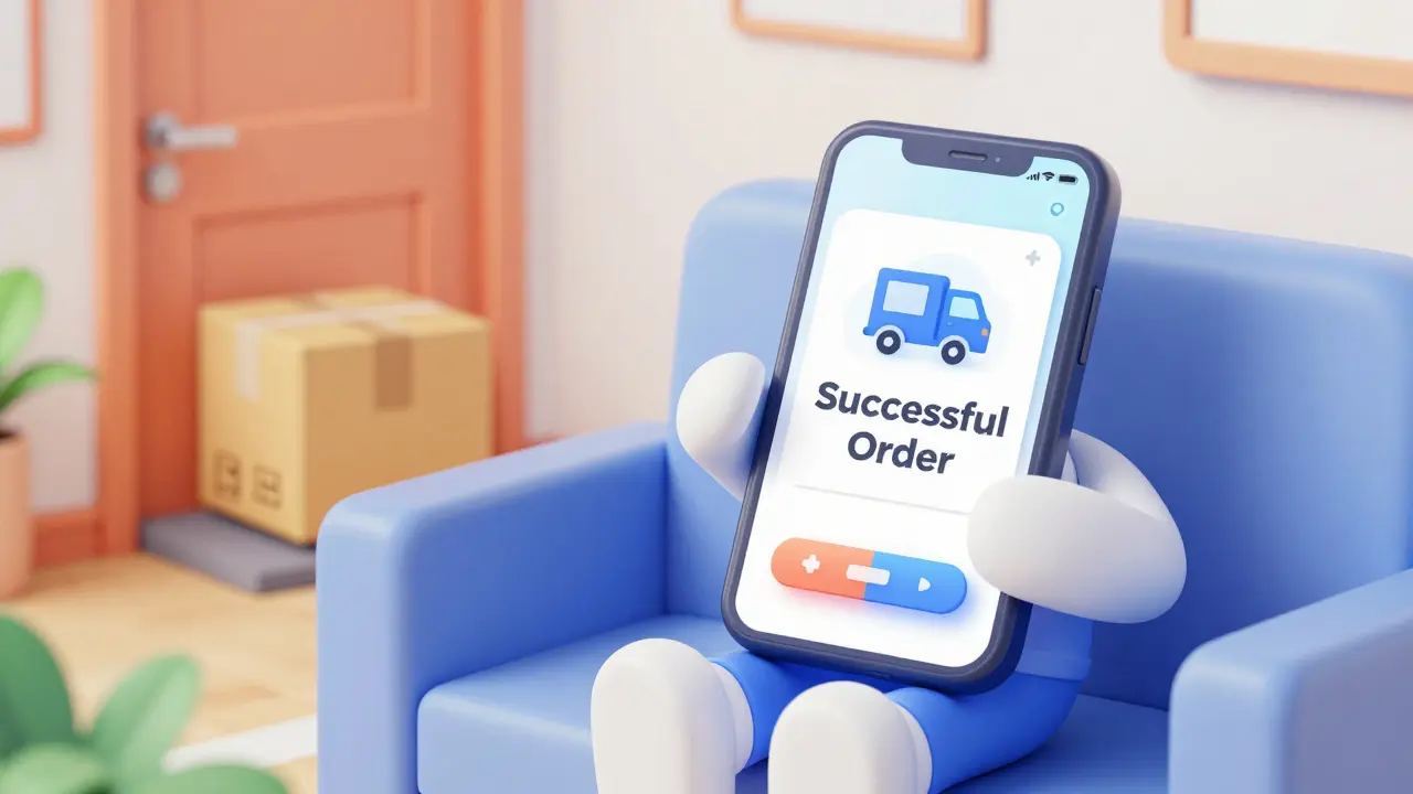 Rounded character using a phone to order medication for home delivery