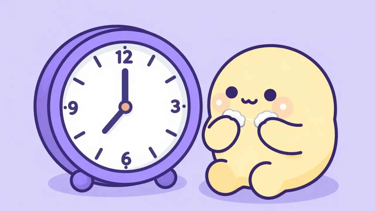 Rounded character waiting 30 minutes between applying moisturizer and steroid cream.