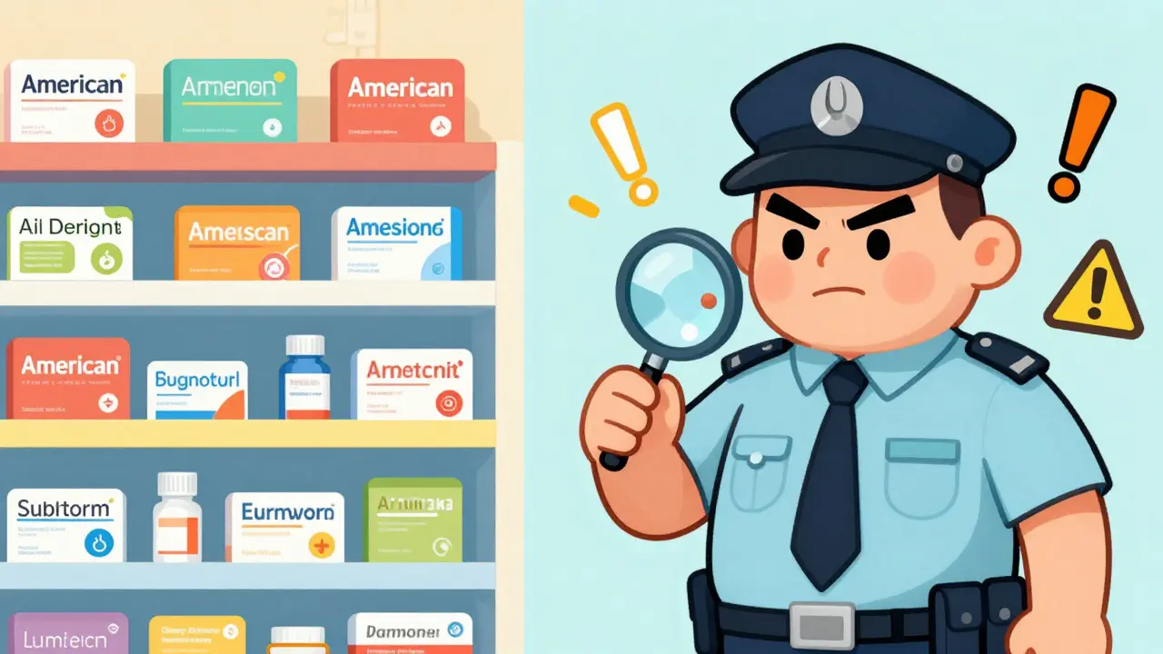 Split screen showing a pharmacy shelf versus a strict customs inspection of medicine.