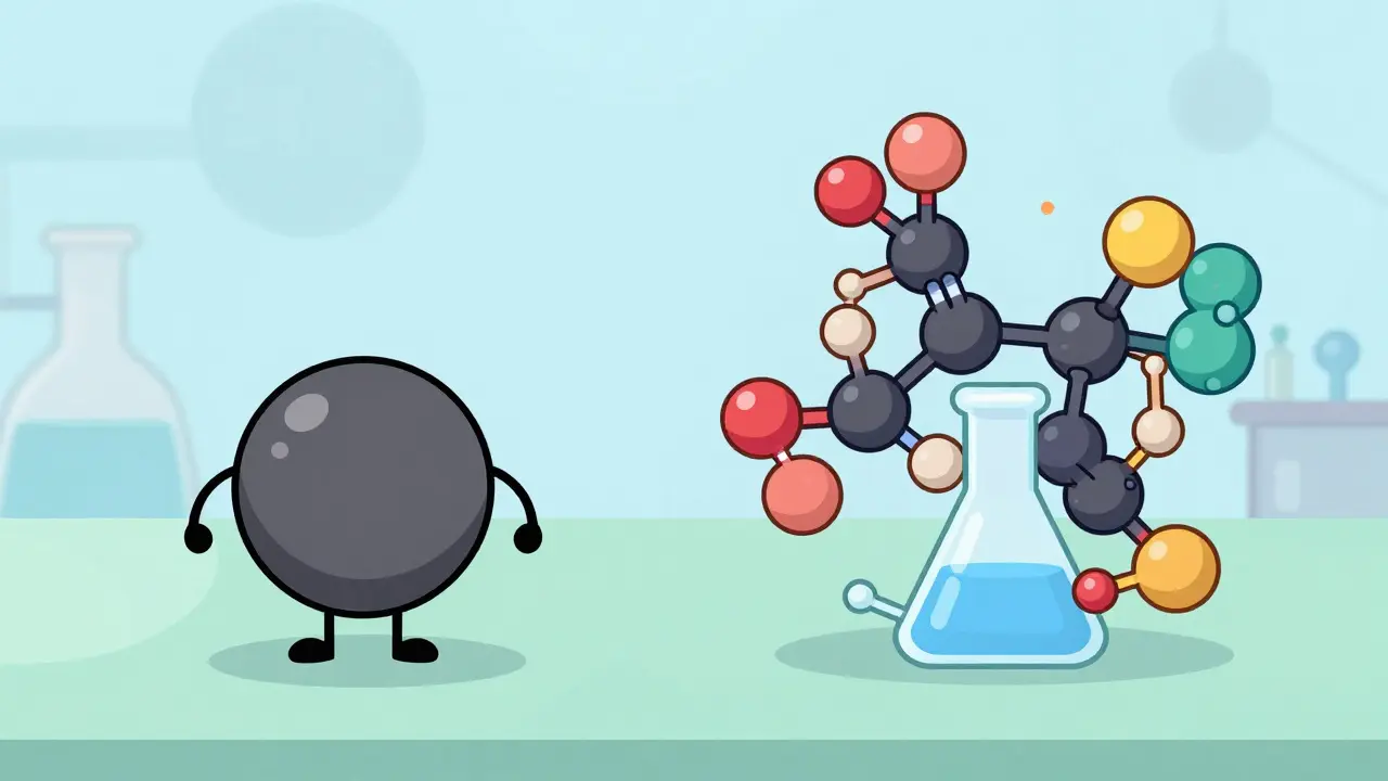Visual representation of a simple chemical molecule versus a complex biological protein structure.