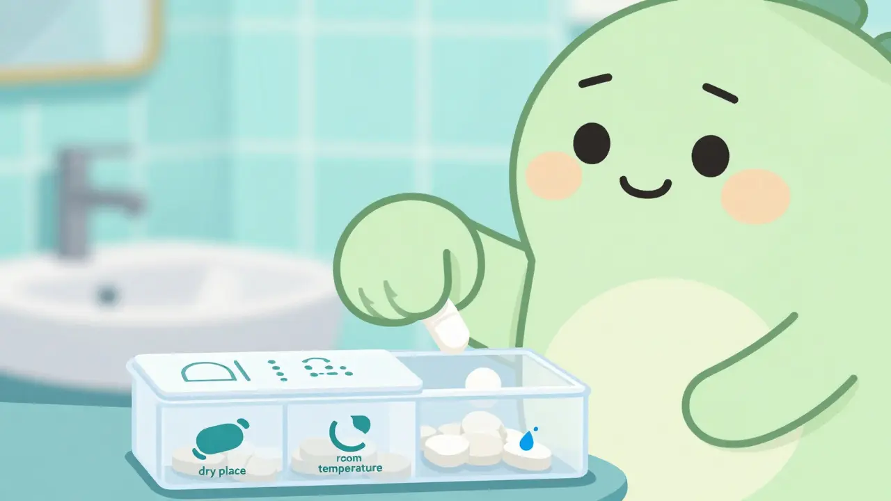 Cartoon character storing pills in a dry container, avoiding humid bathroom areas.
