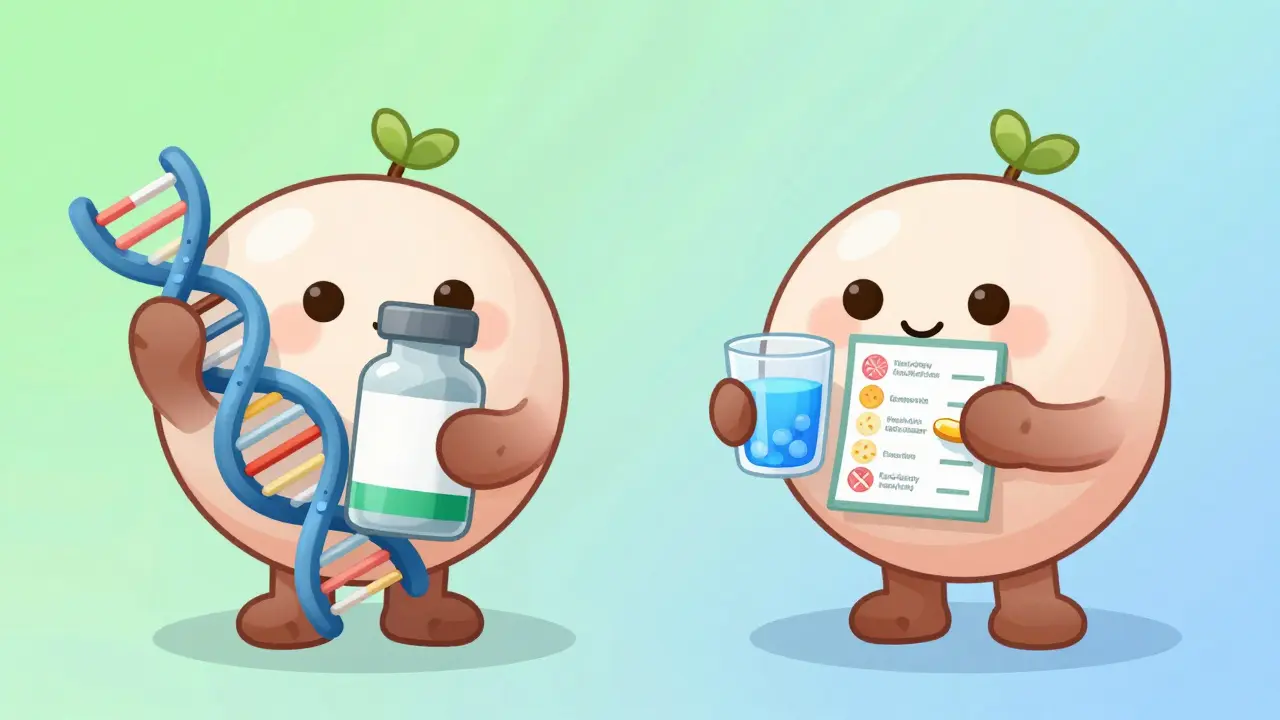 Cartoon characters checking DNA and food labels for medication safety.