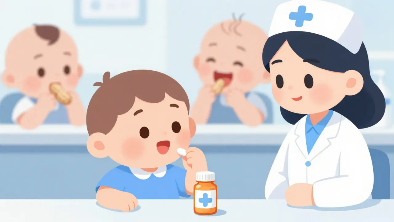 Child taking oral immunotherapy pills under nurse supervision
