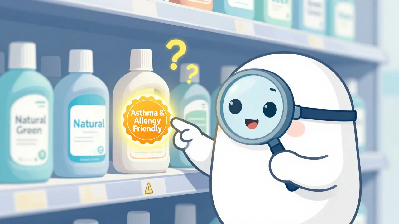 Cute character choosing certified allergy-friendly cleaner on store shelf.