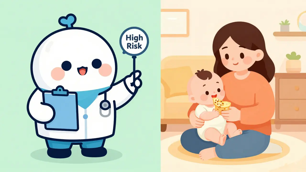 Doctor evaluating high-risk infant vs parent feeding baby at home