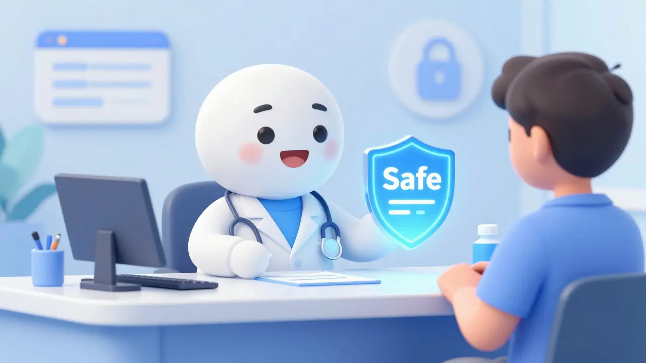Friendly cartoon doctor and patient discussing safe online prescriptions