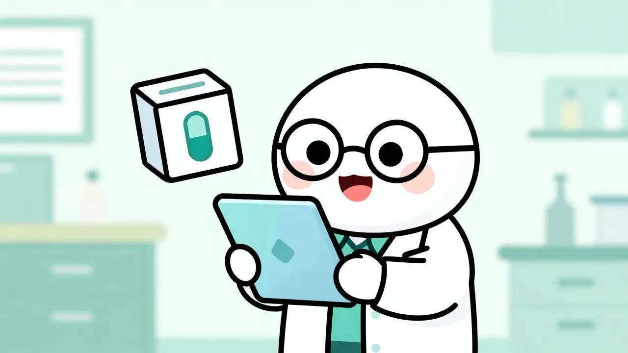 Friendly cartoon doctor holding a tablet with a floating medicine box nearby.