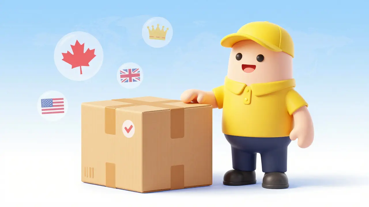 Friendly courier delivering discreet medicine package with global icons