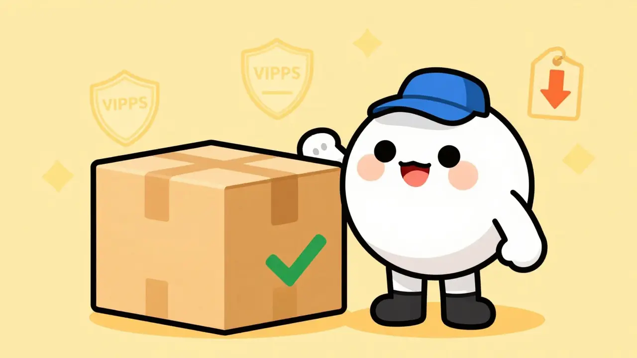 Happy cartoon character standing next to a secure delivery package with a checkmark.