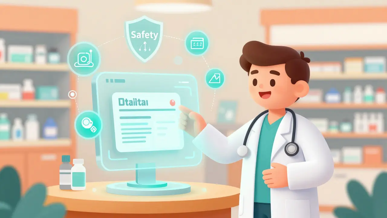 Healthcare worker using digital tool to auto-capture drug manufacturer data.