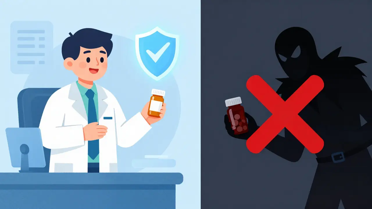 Illustration contrasting safe verified pharmacy vs unsafe vendor