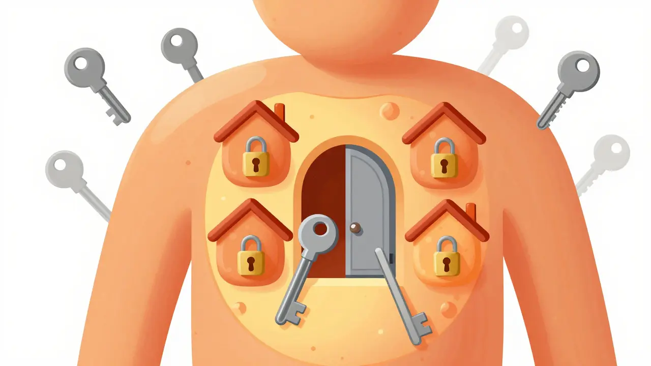 Illustration of drug keys fitting into cell locks to explain mechanism.