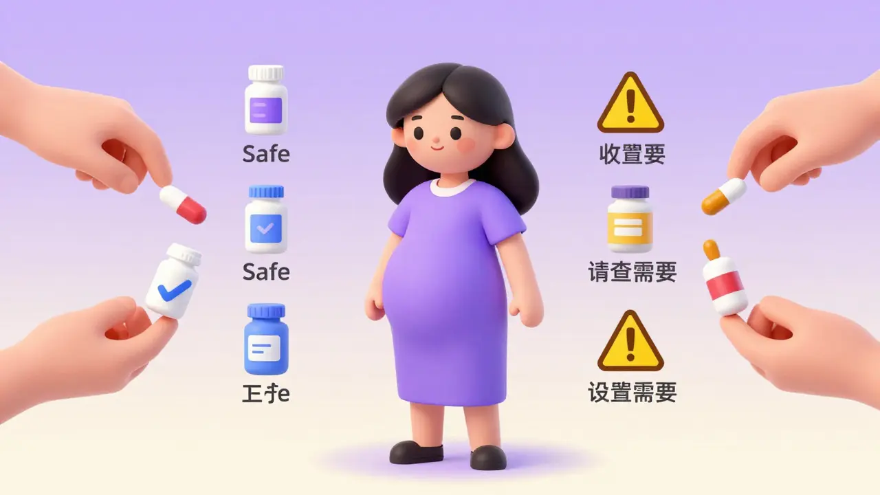 Illustration of pregnant woman sorting medication icons into safe and review categories.