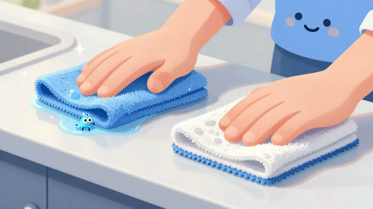 Illustration of two-cloth cleaning method removing dust safely.