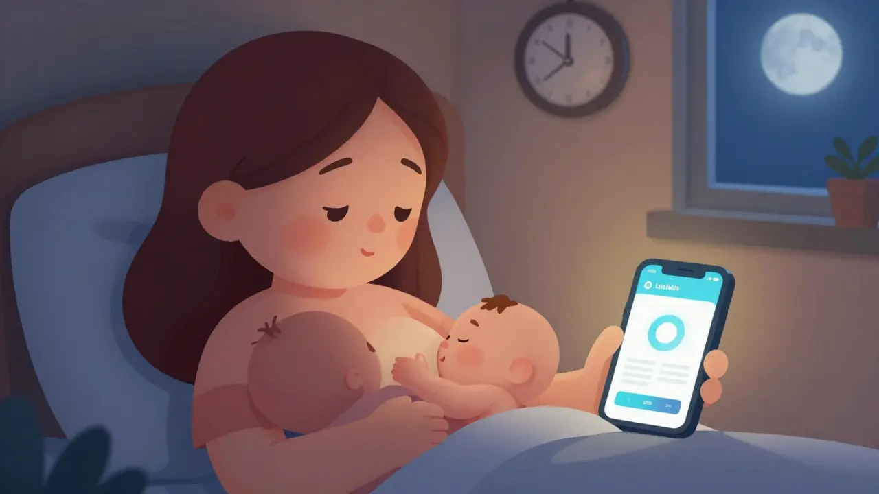 Rounded cartoon mother breastfeeding baby at night with phone nearby.
