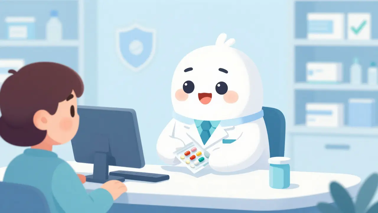 Rounded cartoon pharmacist handing medication to a happy customer in a trusted setting.