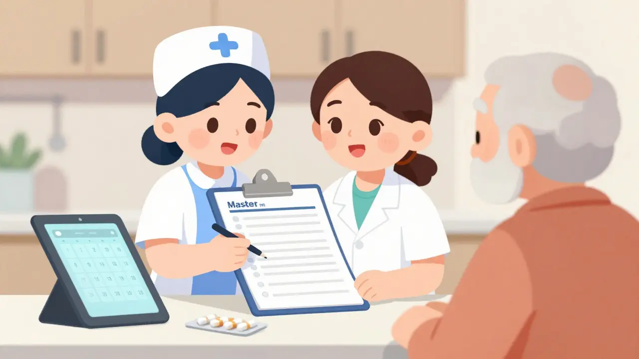 Skilled nurse reviewing medication list with patient