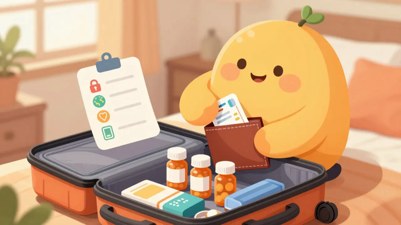 Traveler packing laminated med card separately from pill bottles