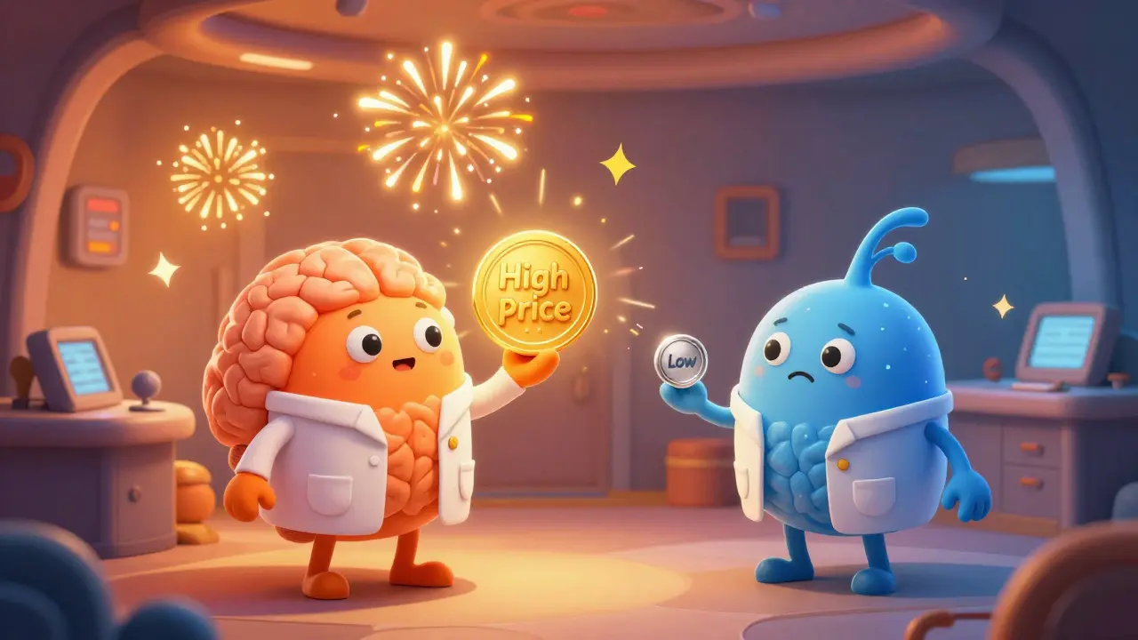Cartoon brain neurons reacting to price cues with dopamine fireworks